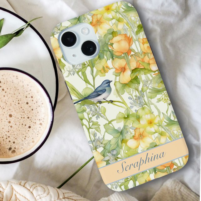 Frühlingsfloral & Bluebird Pastellgelb Individuell Case-Mate iPhone Hülle (Von Creator hochgeladen)