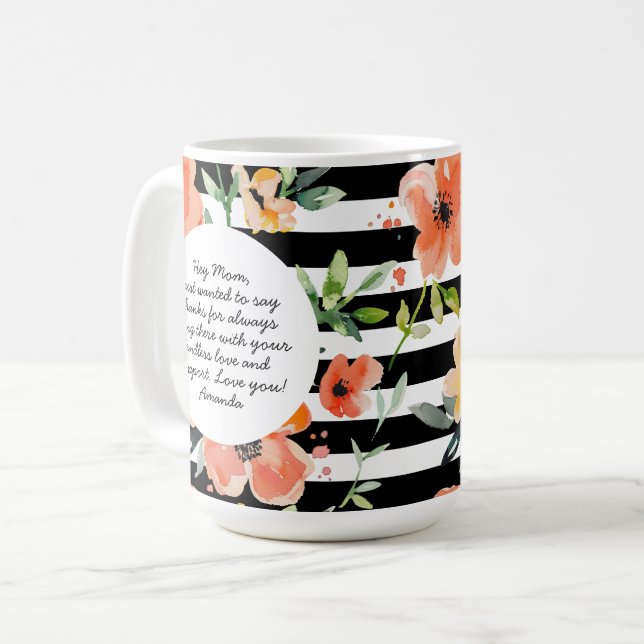 Frühlingsfloral | Schwarzer Streifen | Foto der Mu Kaffeetasse (Vorderseite Links)