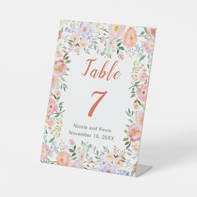 Frühlingsflorale Blume Hochzeit Tischnummer Sockelschild (Vorderseite)