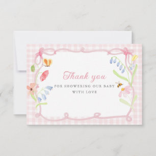 Frühlingsflorales rosa Gingham-Baby-Shower Dankeskarte