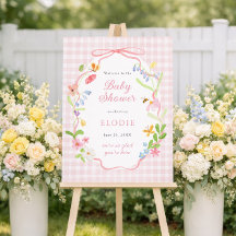 Frühlingsflorales Rosa Gingham Babyshower Willkomm