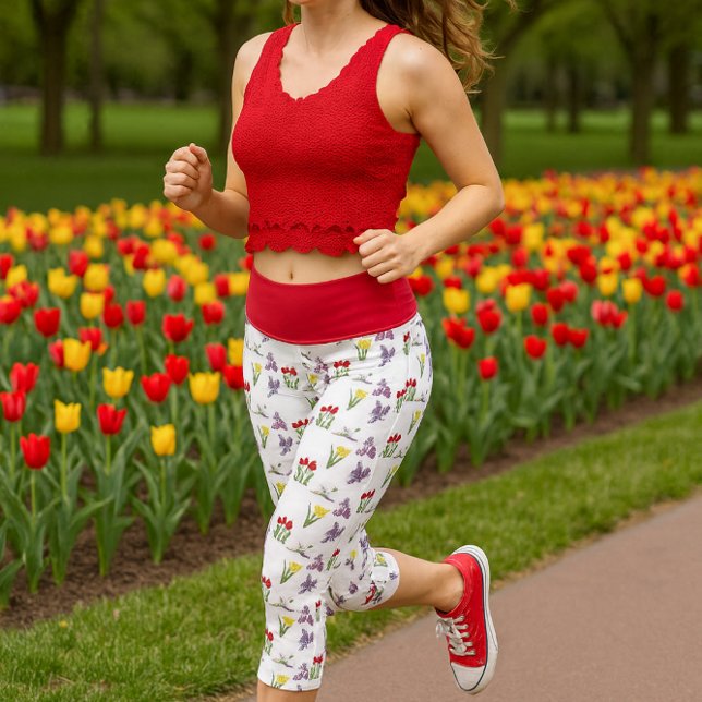 Frühlingsflorenrot Tulip Daffodil Lilac Capri Leggings (Jogging in spring floral leggings )