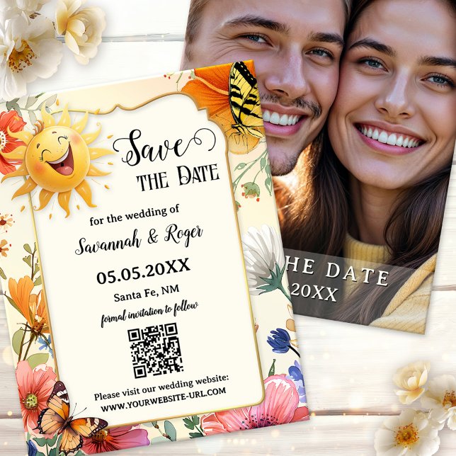 Frühlingsfoto mit Wildblumen - Save the Date Ankündigung (Save the Date card featuring a whimsical watercolor wildflower design with laughing sun. Plus photo)