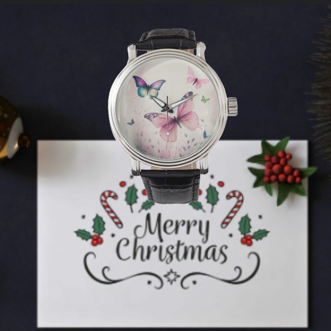 Frühlingsfreude rosa Schmetterlinge Geschenk Armbanduhr (Von Creator hochgeladen)