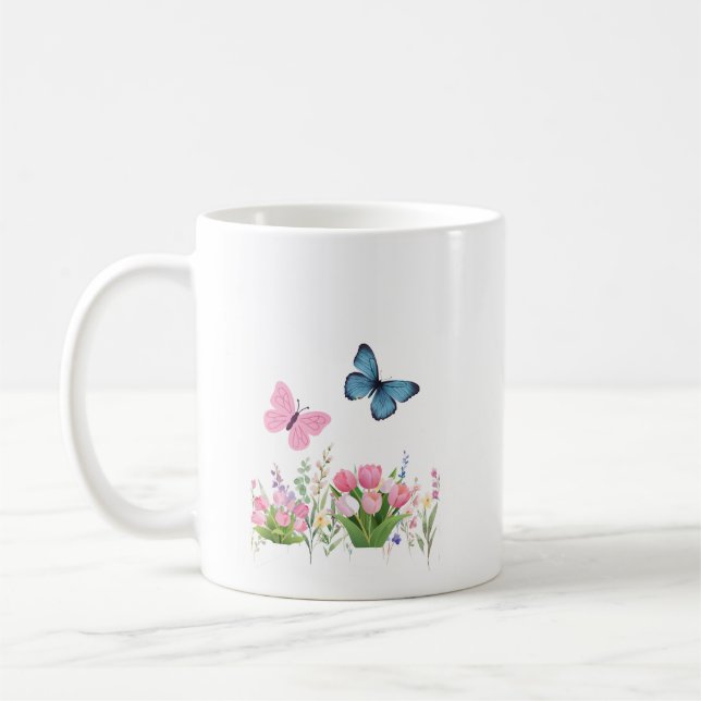 Frühlingsgarten & Blaue Schmetterlinge Blumen-Tass Kaffeetasse (Links)