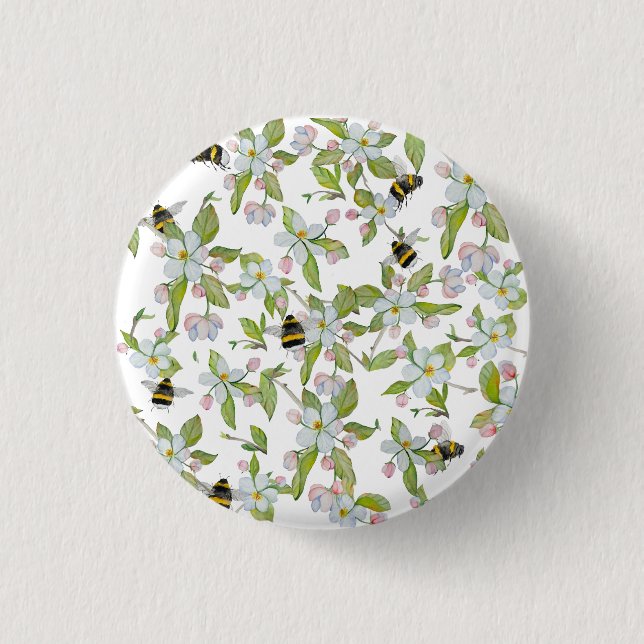 Frühlingsgarten blüht und Hummeln Button (Vorderseite)