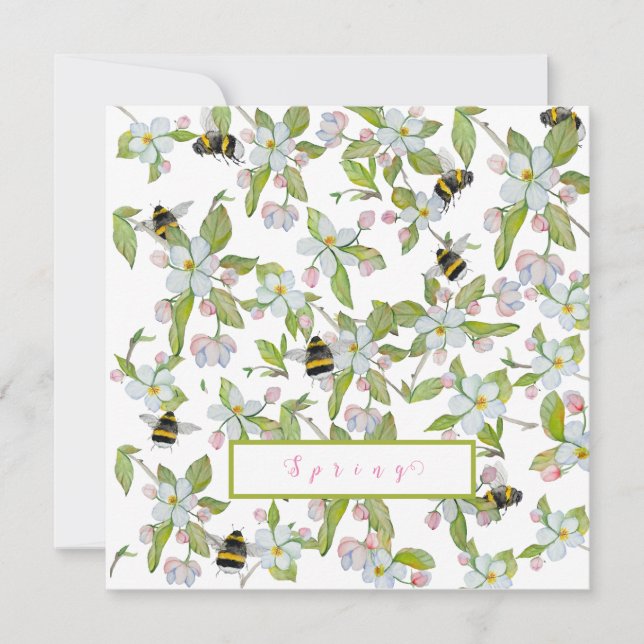 Frühlingsgarten blüht und Hummeln Einladung (Vorderseite)