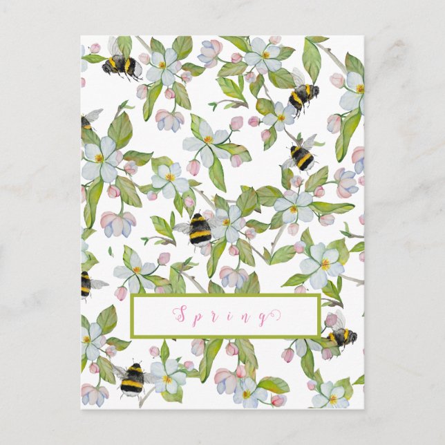 Frühlingsgarten blüht und Hummeln Postkarte (Vorderseite)