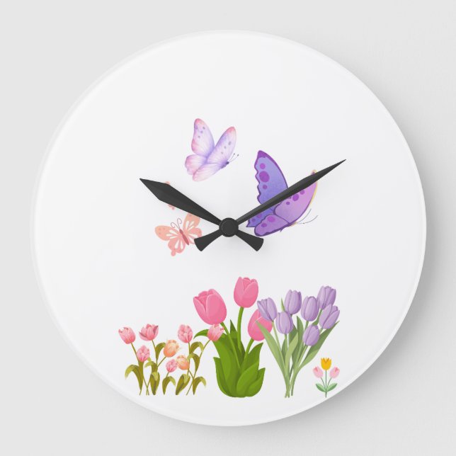 Frühlingsgarten Schmetterling Wanduhr – Rosa Tulpe (Vorderseite)
