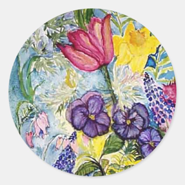 Frühlingsgarten Wasserfarben Malerei Runder Aufkleber (Vorderseite)