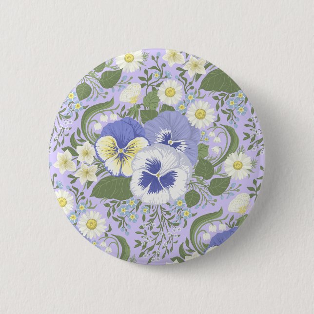 Frühlingsgartenblumen auf Lavendel Button (Vorderseite)