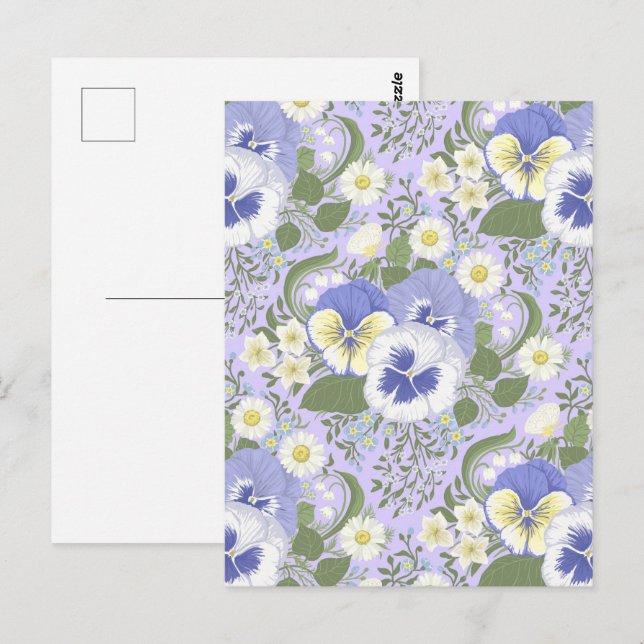 Frühlingsgartenblumen auf Lavendel Postkarte (Vorne/Hinten)