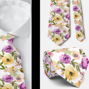 Frühlingsgelb Pink Violett Blumen Wasserfarben Krawatte