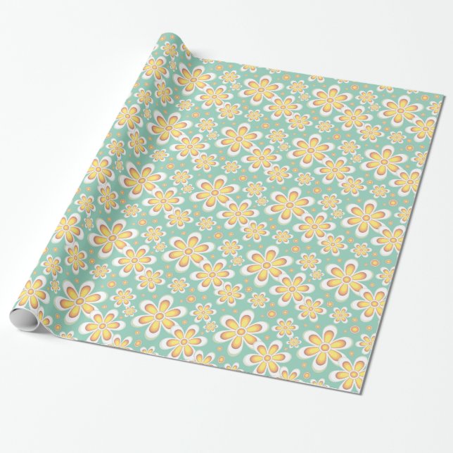Frühlingsgelbe Blumen auf Grün Geschenkpapier (Ungerollt)