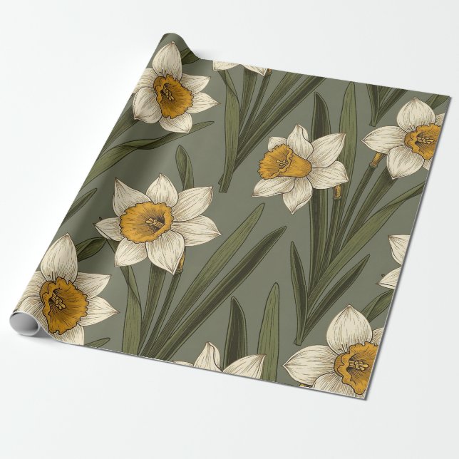 Frühlingsgelbe Narzissen-Blumen-Botanik-Muster Geschenkpapier (Ungerollt)