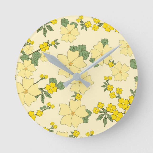 Frühlingsgelbes Blumenmuster Runde Wanduhr (Vorderseite)