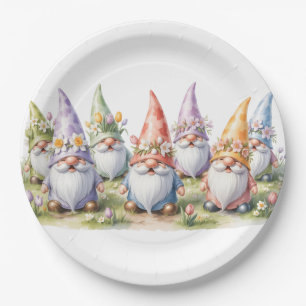Frühlingsgnome auf einer Wiese Pappteller