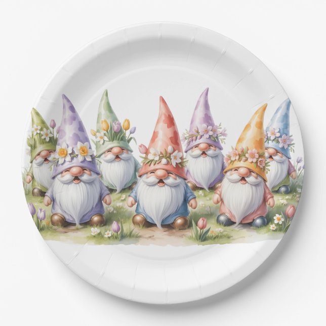 Frühlingsgnome auf einer Wiese Pappteller (Vorderseite)