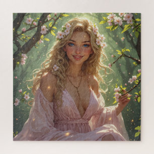 Frühlingsgöttin Blond Rosa Weiße Apfelblüten Puzzle