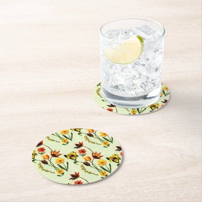 Frühlingsgras Gelbe Wildblumen Aquarell Runder Pappuntersetzer (Vor Ort)