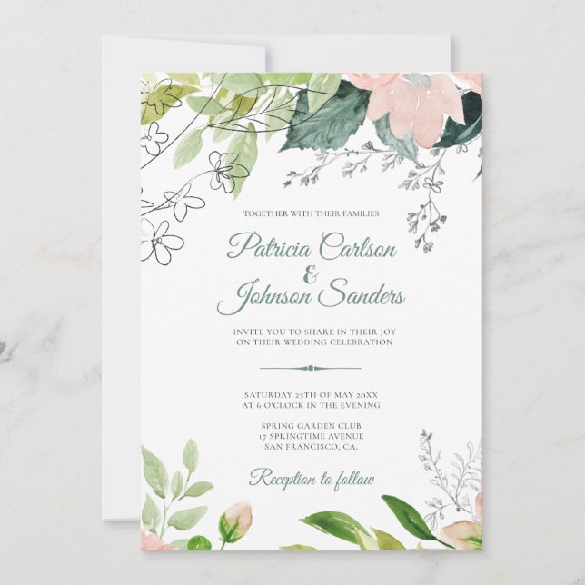 Frühlingsgrün florale Aquarell rustikale Hochzeit Einladung (Vorderseite)