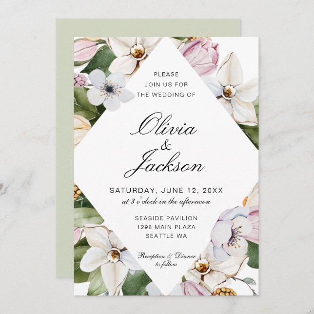 Frühlingsgrün | Pink Tulip Daffodil Bloral Wedding Einladung (Vorne/Hinten)