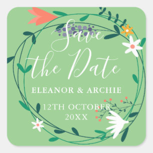 Frühlingshafte Blumen-Girlande Save-the-Date Quadratischer Aufkleber