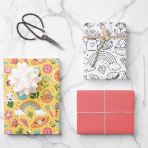 Frühlingshafte Blumen Süße Doodle Farbige Schwarz- Geschenkpapier Set