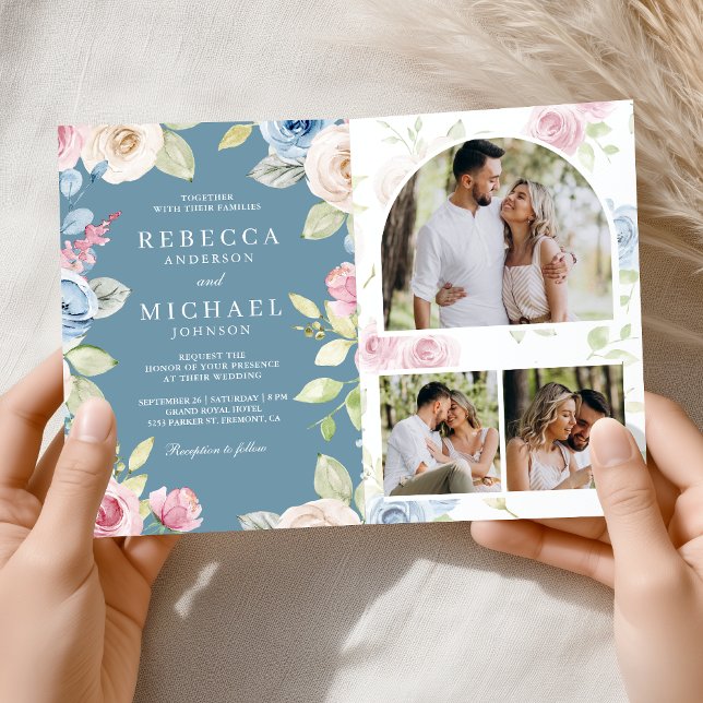 Frühlingshafte Florale Dusty Blue QR Code Hochzeit Einladung (Von Creator hochgeladen)