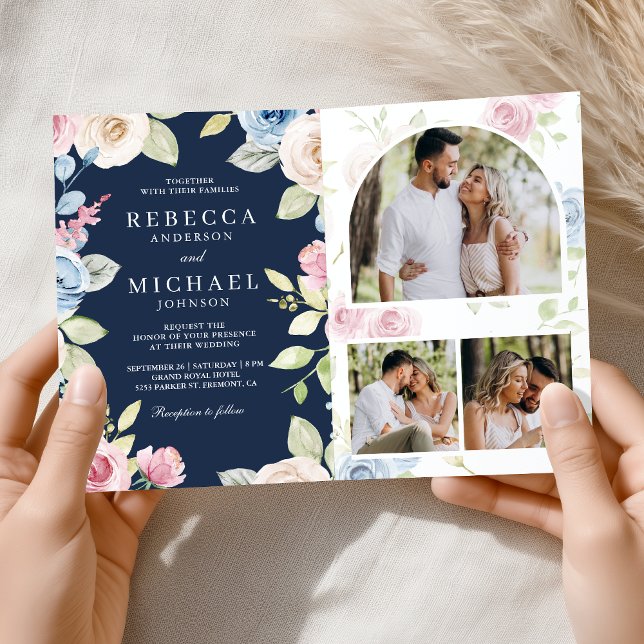 Frühlingshafte Florale Navy Blau QR Code Hochzeit Einladung (Von Creator hochgeladen)