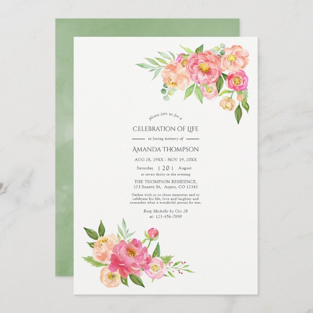 Frühlingshafte Peonies - Lebensfeier Einladung (Vorne/Hinten)