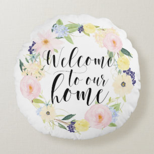 Frühlingshafter Blumenkranz Willkommen Zu Hause Rundes Kissen
