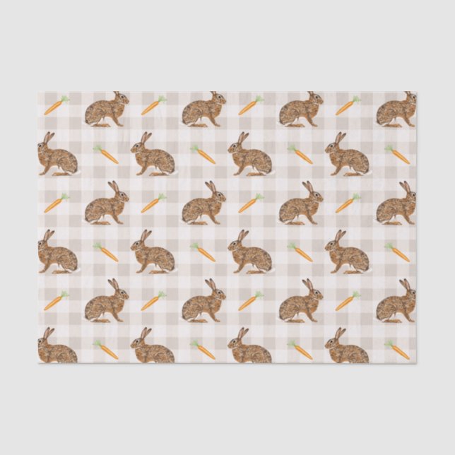 Frühlingshase und Karotten Beige Gingham Ostern Seidenpapier (Vorderseite)