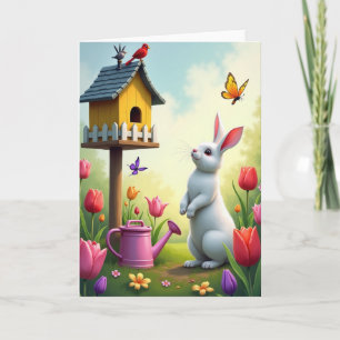Frühlingshase und Vogelhäuschenkarte Karte