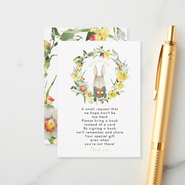 Frühlingshasen-Bücher für Babywunschkarte Begleitkarte (Vorderseite/Rückseite Beispiel)