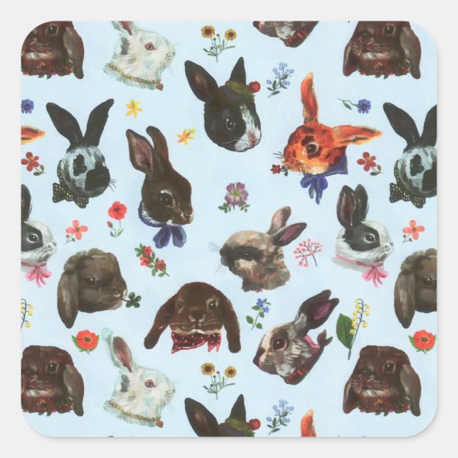 Frühlingshasen Wald Floral Quadratischer Aufkleber (Vorderseite)