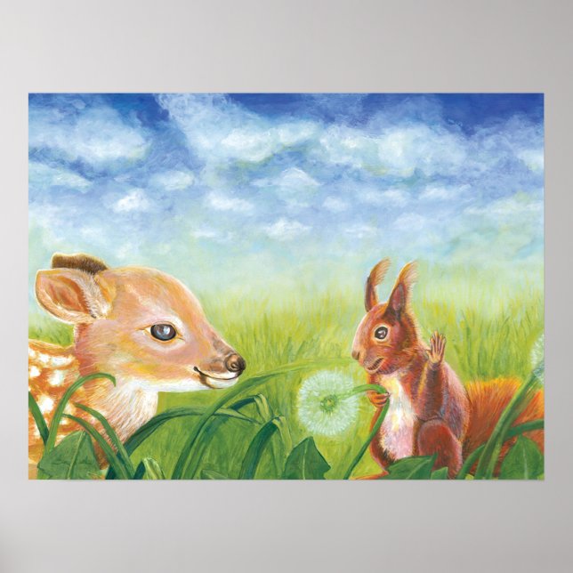 FrühlingsIllustration von Fawn und Eichhörnchen Poster (Vorne)