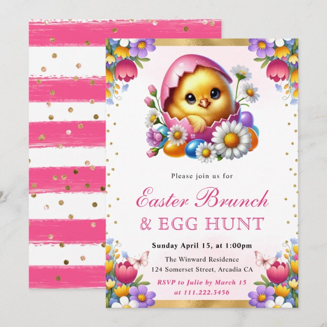 Frühlingsküken im Ei Ostern Brunch Einladung (Vorne/Hinten)