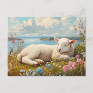 Frühlingslamm Schlafen in Wildblume Wiese Postkarte