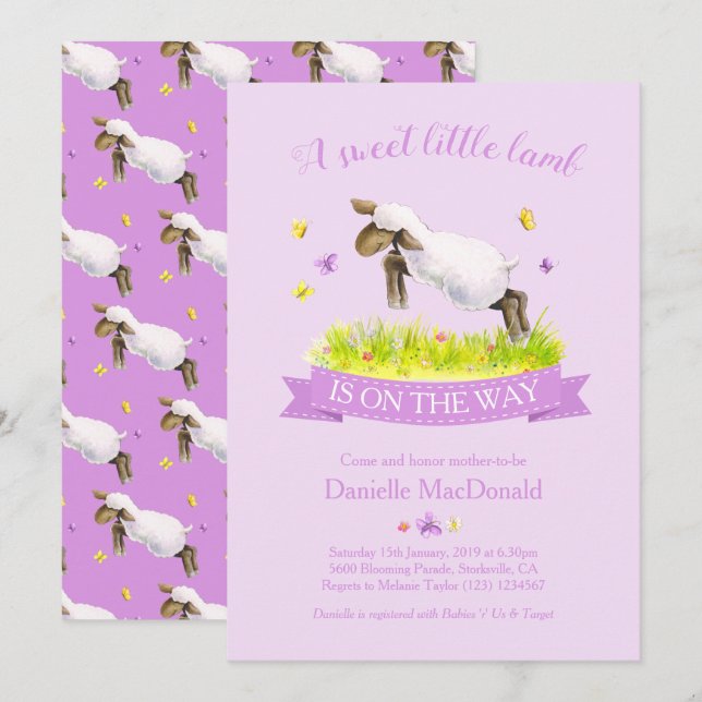 Frühlingslamm überspringen niedliche lila Babydusc Einladung (Vorne/Hinten)
