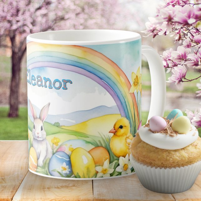 Frühlingslandschaft Eier Bunny Rainbow Kaffeetasse (A personalized mug for Easter, with chicks, eggs, rabbit, rainbow and flowers in a watercolor style)