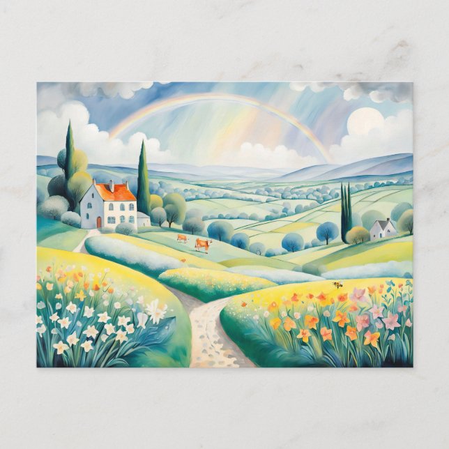 Frühlingslandschaft mit Regenbogen über den italie Postkarte (Vorderseite)