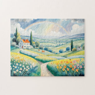 Frühlingslandschaft mit Regenbogen über den italie Puzzle