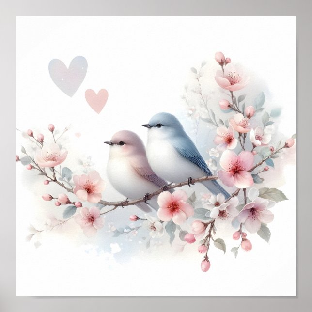 Frühlingsliebe Vögel Kirschblüten Floral Poster (Vorne)