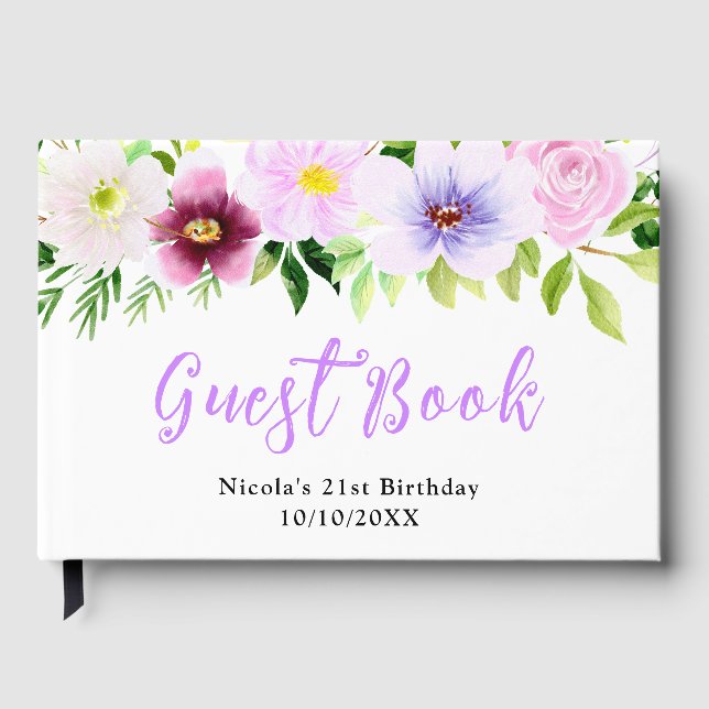 Frühlingslila Blumen mit Laub Geburtstag Gästebuch (Vorderseite)