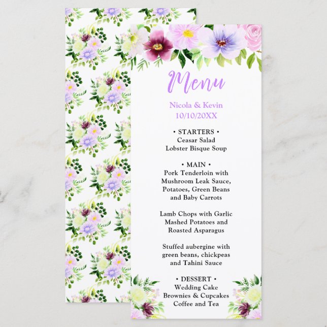Frühlingslila Blumen mit Laub Menükarte (Vorne/Hinten)