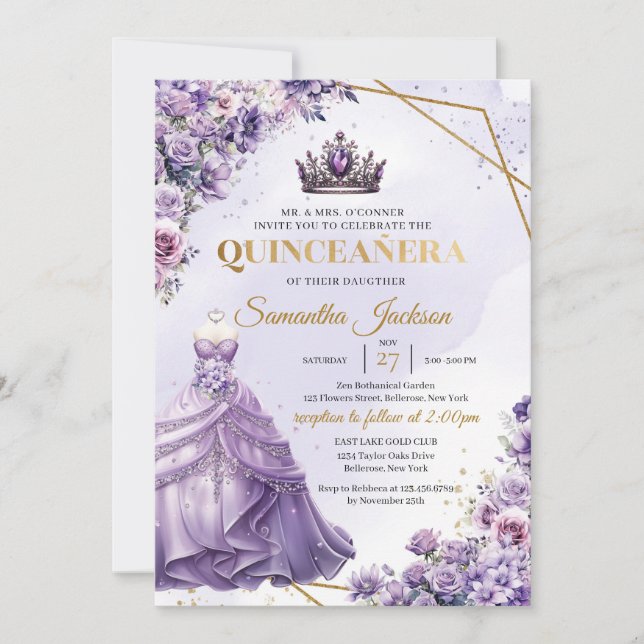 Frühlingslila Blumen Prinzessin Kleid Quinceañera Einladung (Vorderseite)
