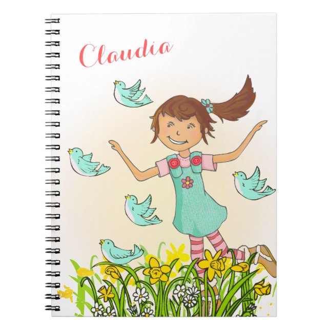 Frühlingsmädchen, das Vogelkindernotizbuch jagt Notizblock (Vorderseite)