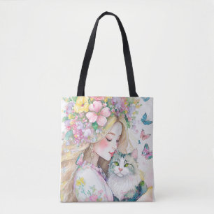 Frühlingsmädchen mit Blumen und Katze
