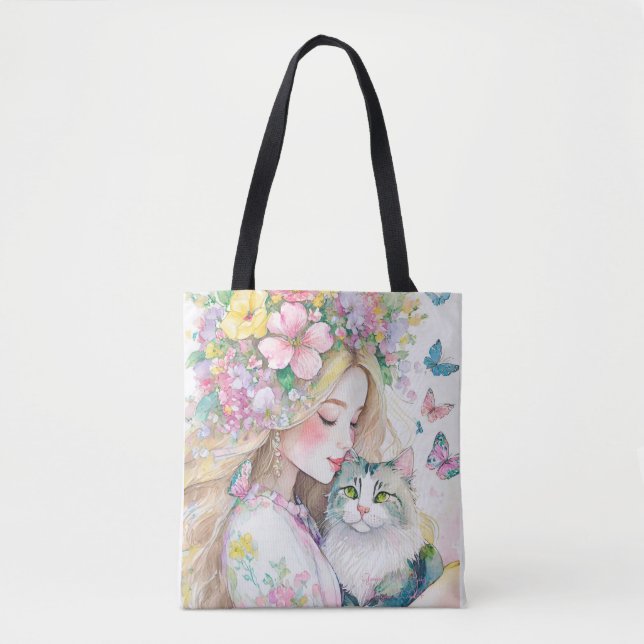 Frühlingsmädchen mit Blumen und Katze (Vorderseite)